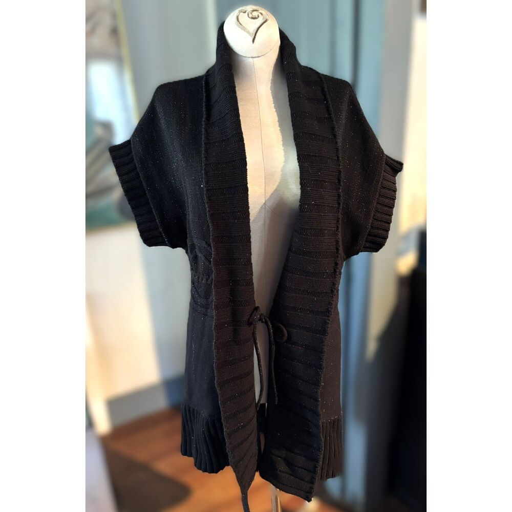 DKNY Jeans Long Sweater Vest Shawl Collar‎ Tie Black Silver Cable Knit Accents S